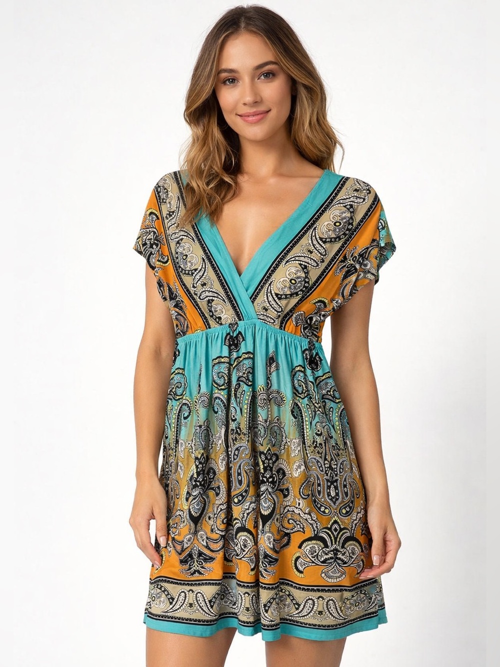 Cristinalove paisley sleeveless summer dress with plunging v neck elastic waist